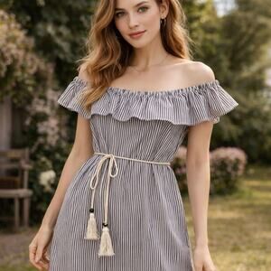 You and I Off Shoulder Dress Womens Sz L Cottagecore Boho Nautical Stripe Ruffle